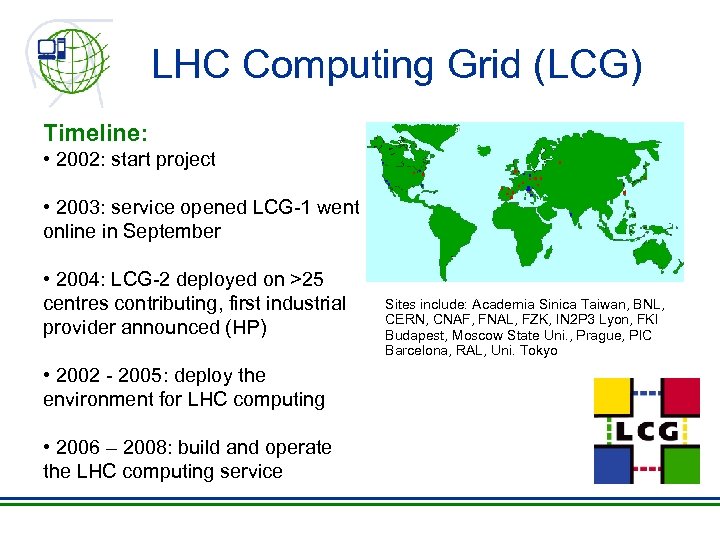 LHC Computing Grid (LCG) Timeline: • 2002: start project • 2003: service opened LCG-1