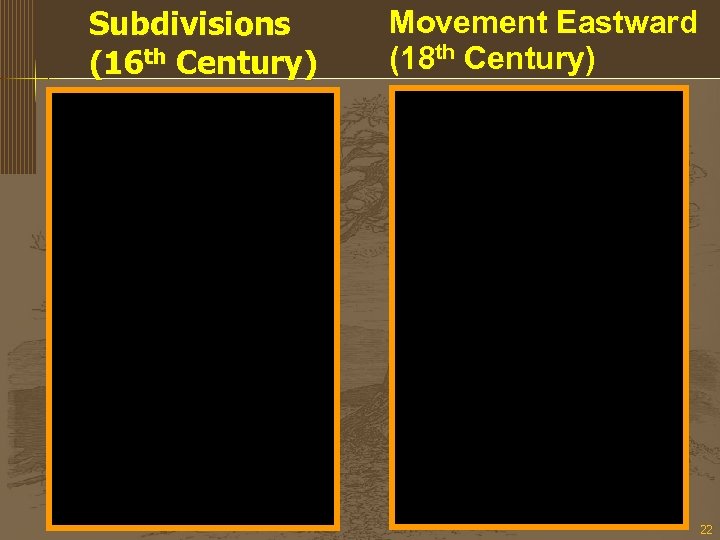 Subdivisions (16 th Century) Movement Eastward (18 th Century) 22 