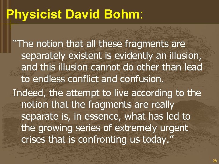 Physicist David Bohm: “The notion that all these fragments are separately existent is evidently