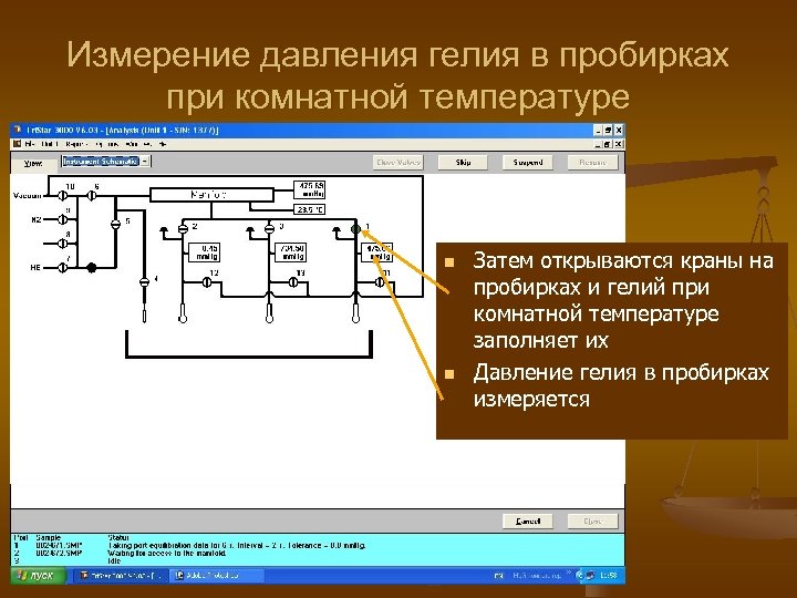 Измерение давления гелия в пробирках при комнатной температуре n n Затем открываются краны на