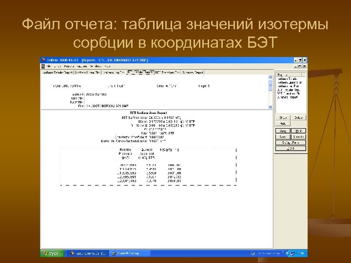 Файл отчета: таблица значений изотермы сорбции в координатах БЭТ 
