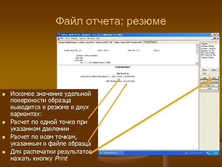 Файл отчета: резюме n n Искомое значение удельной поверхности образца выводится в резюме в