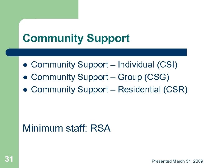 Community Support l l l Community Support – Individual (CSI) Community Support – Group