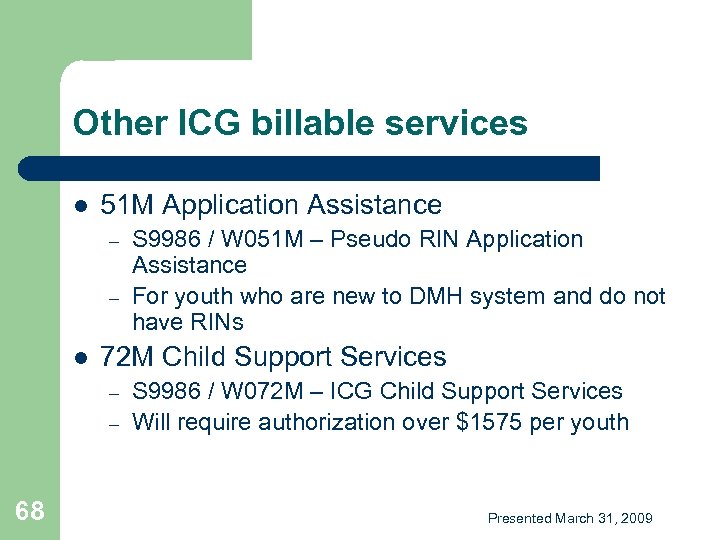 Other ICG billable services l 51 M Application Assistance – – l 72 M