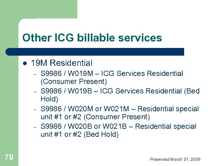 Other ICG billable services l 19 M Residential – – 70 S 9986 /