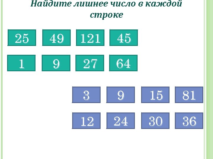 Найдите лишнее число в каждой строке 25 49 121 45 1 9 27 64
