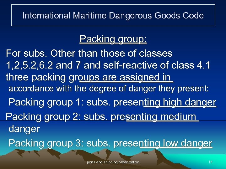 International Maritime Dangerous Goods Code Packing group: For subs. Other than those of classes