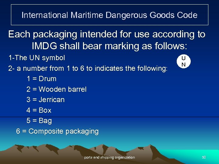 International Maritime Dangerous Goods Code Each packaging intended for use according to IMDG shall