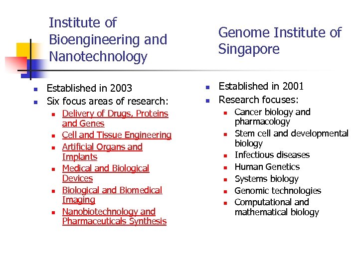 Institute of Bioengineering and Nanotechnology n n Established in 2003 Six focus areas of