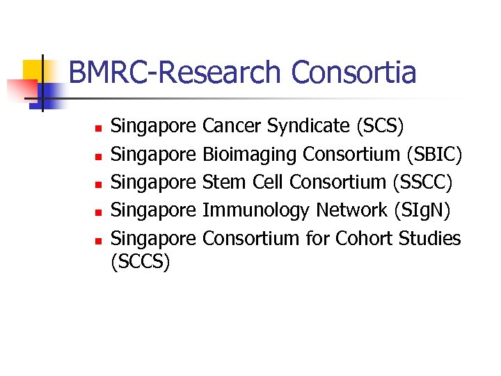 BMRC-Research Consortia n n n Singapore Cancer Syndicate (SCS) Singapore Bioimaging Consortium (SBIC) Singapore