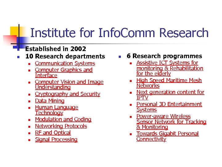 Institute for Info. Comm Research n n Established in 2002 10 Research departments n