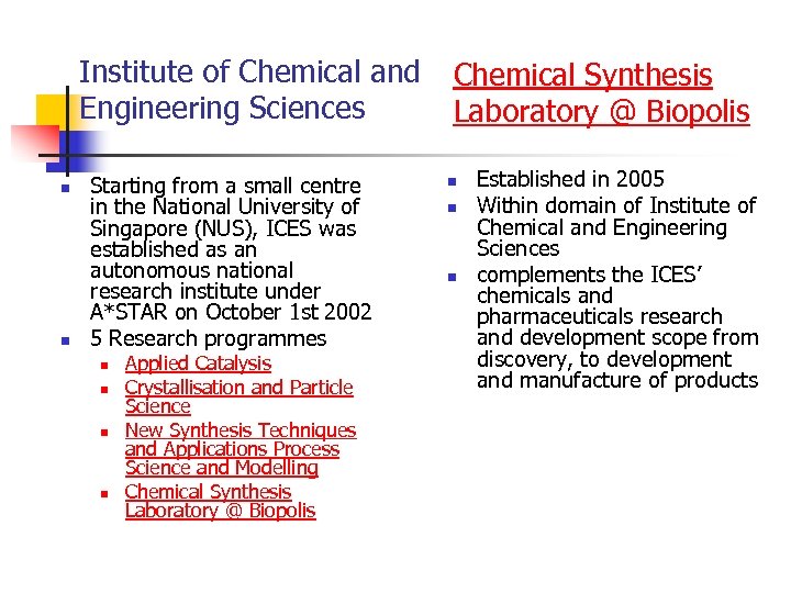 Institute of Chemical and Chemical Synthesis Engineering Sciences Laboratory @ Biopolis n n Starting