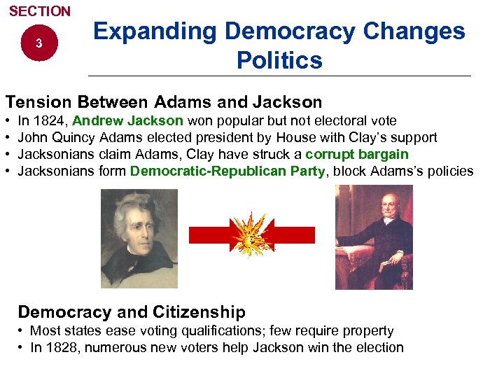 SECTION 3 Expanding Democracy Changes Politics Tension Between Adams and Jackson • • In