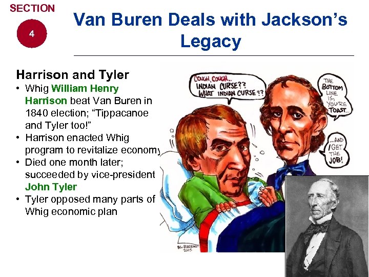 SECTION 4 Van Buren Deals with Jackson’s Legacy Harrison and Tyler • Whig William