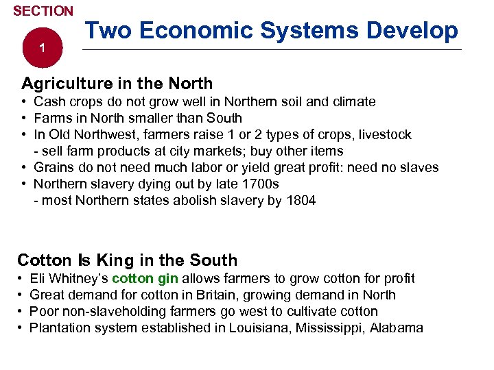 SECTION 1 Two Economic Systems Develop Agriculture in the North • Cash crops do