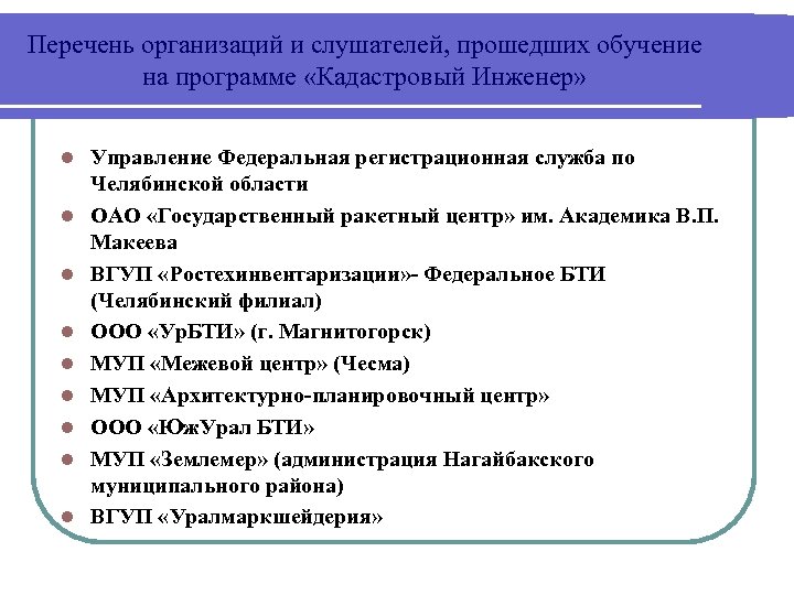 Перечень организаций и слушателей, прошедших обучение на программе «Кадастровый Инженер» l l l l