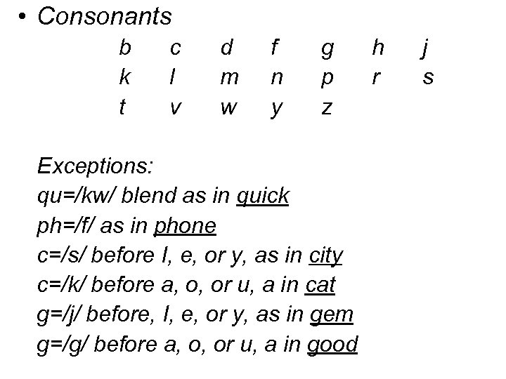  • Consonants b k t c l v d m w f n