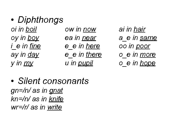  • Diphthongs oi in boil oy in boy i_e in fine ay in