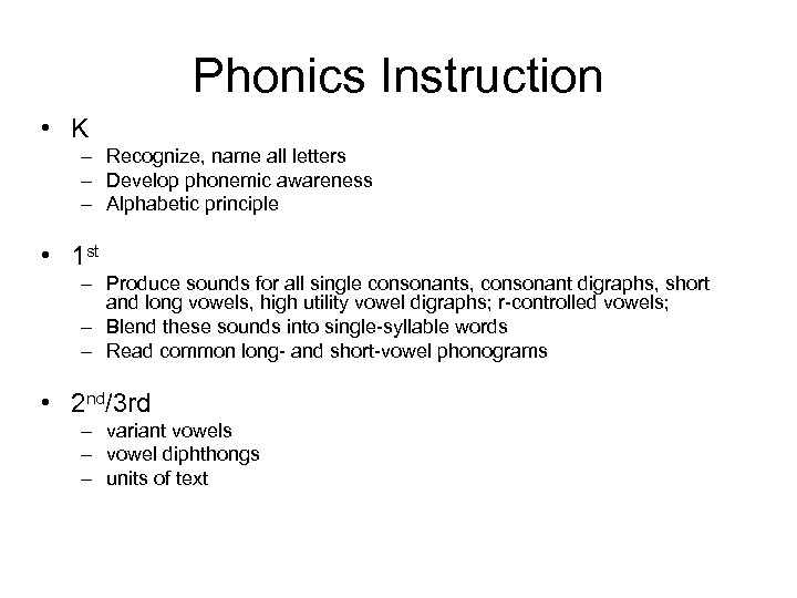 Phonics Instruction • K – Recognize, name all letters – Develop phonemic awareness –