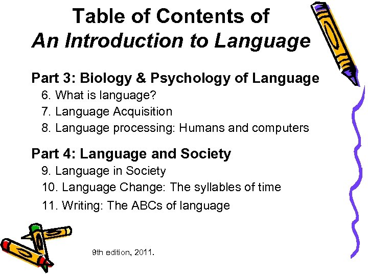 Table of Contents of An Introduction to Language Part 3: Biology & Psychology of