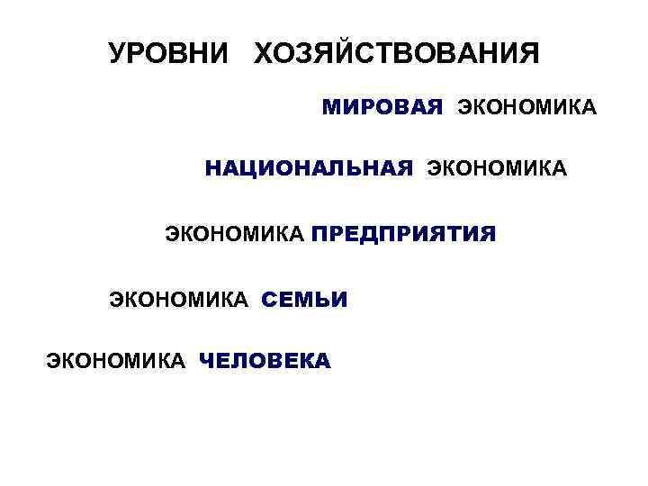 УРОВНИ ХОЗЯЙСТВОВАНИЯ МИРОВАЯ ЭКОНОМИКА НАЦИОНАЛЬНАЯ ЭКОНОМИКА ПРЕДПРИЯТИЯ ЭКОНОМИКА СЕМЬИ ЭКОНОМИКА ЧЕЛОВЕКА 