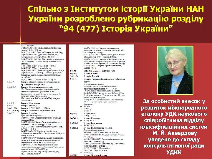 Спільно з Інститутом історії України НАН України розроблено рубрикацію розділу “ 94 (477) Історія