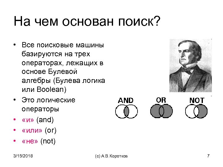 На чем основан поиск? • Все поисковые машины базируются на трех операторах, лежащих в