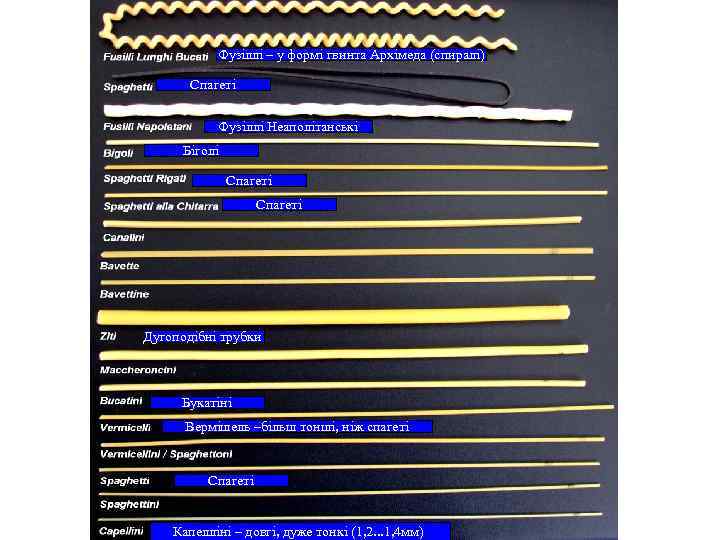Довгі макаронні вироби Фузіллі – у формі гвинта Архімеда (спиралі) Спагеті Фузіллі Неаполітанські Біголі