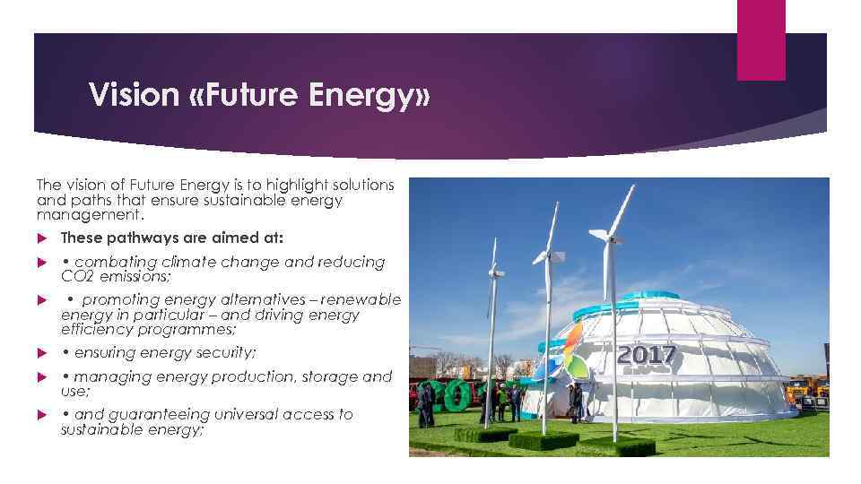 Vision «Future Energy» The vision of Future Energy is to highlight solutions and paths