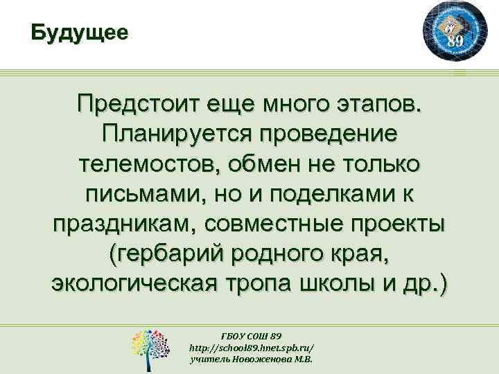 Будущее Предстоит еще много этапов. Планируется проведение телемостов, обмен не только письмами, но и