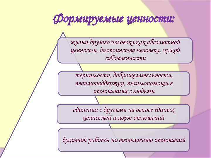 Формируемые ценности: жизни другого человека как абсолютной ценности, достоинства человека, чужой собственности терпимости, доброжелательности,