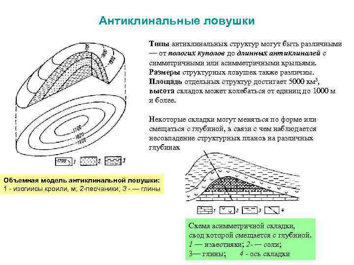 Антиклинальные ловушки Типы антиклинальных структур могут быть различными — от пологих куполов до длинных