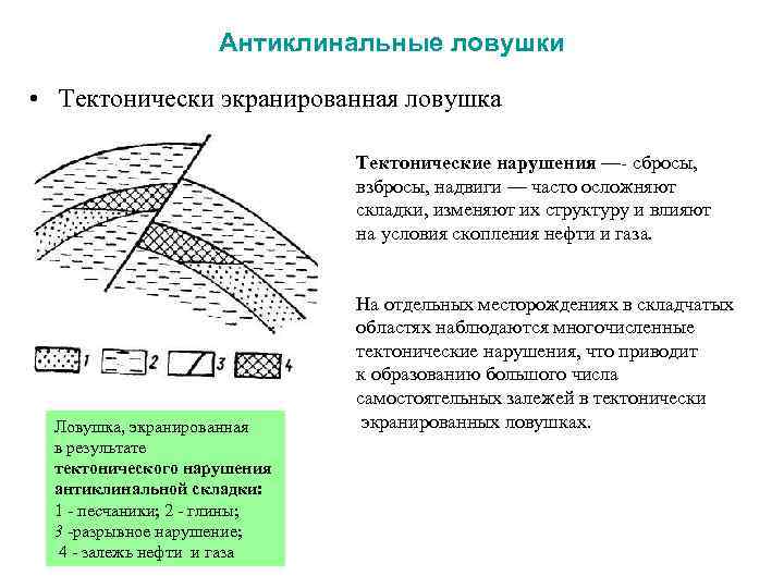 Антиклинальные ловушки • Тектонически экранированная ловушка Тектонические нарушения —- сбросы, взбросы, надвиги — часто