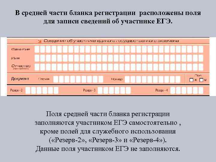 В средней части бланка регистрации расположены поля для записи сведений об участнике ЕГЭ. Поля