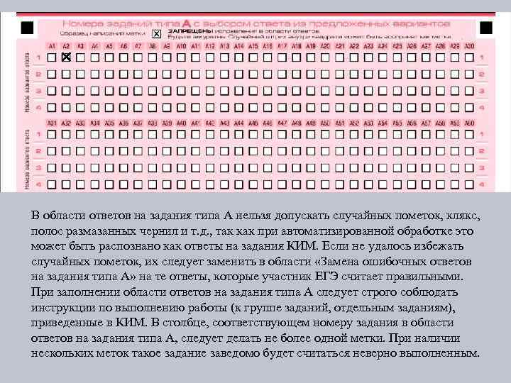 В области ответов на задания типа А нельзя допускать случайных пометок, клякс, полос размазанных