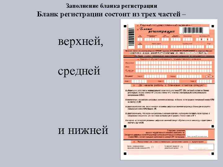 Заполнение бланка регистрации Бланк регистрации состоит из трех частей – верхней, средней и нижней