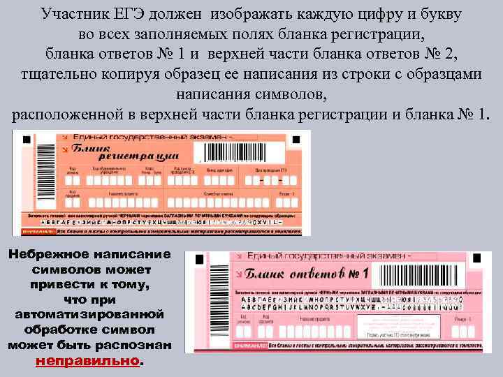 Участник ЕГЭ должен изображать каждую цифру и букву во всех заполняемых полях бланка регистрации,
