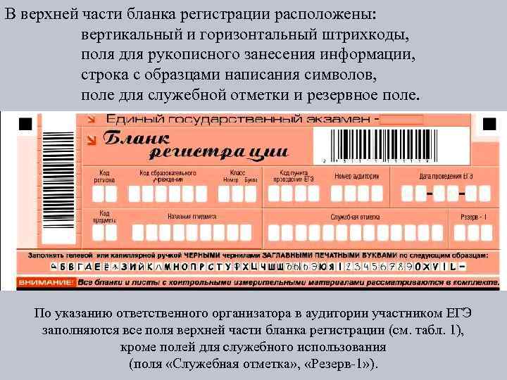 В верхней части бланка регистрации расположены: вертикальный и горизонтальный штрихкоды, поля для рукописного занесения