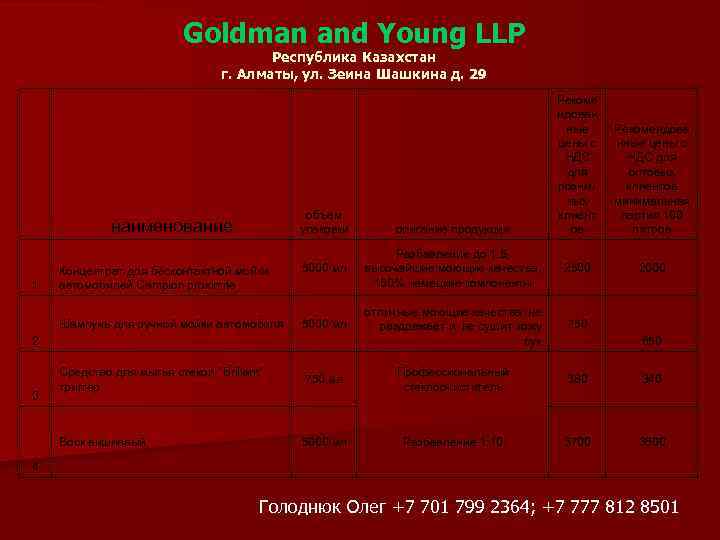Goldman and Young LLP Республика Казахстан г. Алматы, ул. Зеина Шашкина д. 29 объем