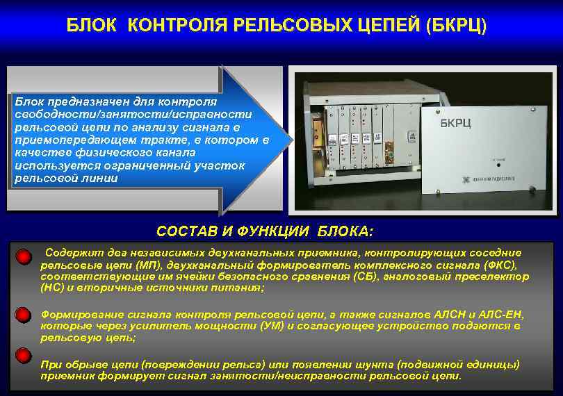 БЛОК КОНТРОЛЯ РЕЛЬСОВЫХ ЦЕПЕЙ (БКРЦ) Блок предназначен для контроля свободности/занятости/исправности рельсовой цепи по анализу