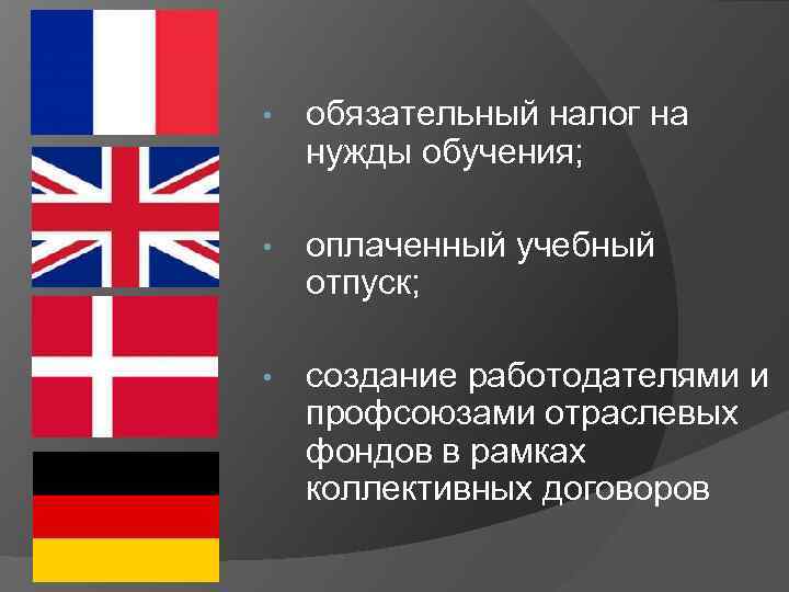  • обязательный налог на нужды обучения; • оплаченный учебный отпуск; • создание работодателями