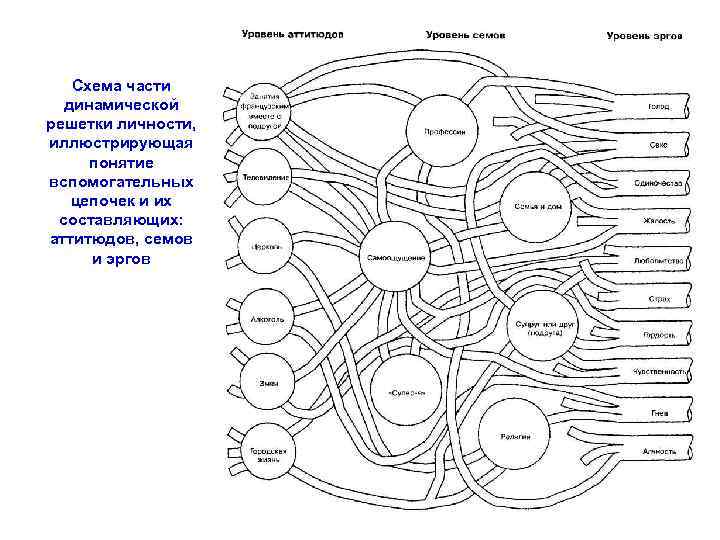 Схема части динамической решетки личности, иллюстрирующая понятие вспомогательных цепочек и их составляющих: аттитюдов, семов