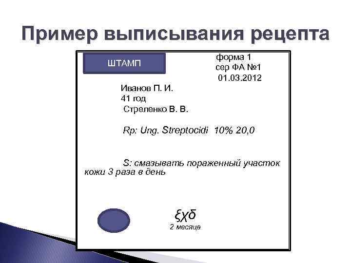 Пример выписывания рецепта форма 1 ШТАМП сер ФА № 1 01. 03. 2012 Иванов