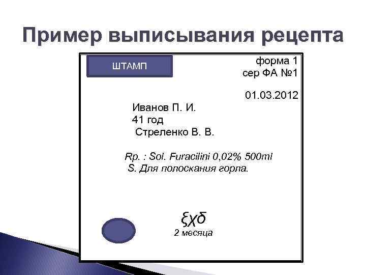 Пример выписывания рецепта форма 1 ШТАМП сер ФА № 1 01. 03. 2012 Иванов