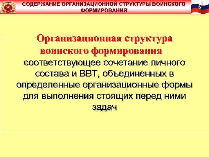 СОДЕРЖАНИЕ ОРГАНИЗАЦИОННОЙ СТРУКТУРЫ ВОИНСКОГО ФОРМИРОВАНИЯ Организационная структура воинского формирования – соответствующее сочетание личного состава