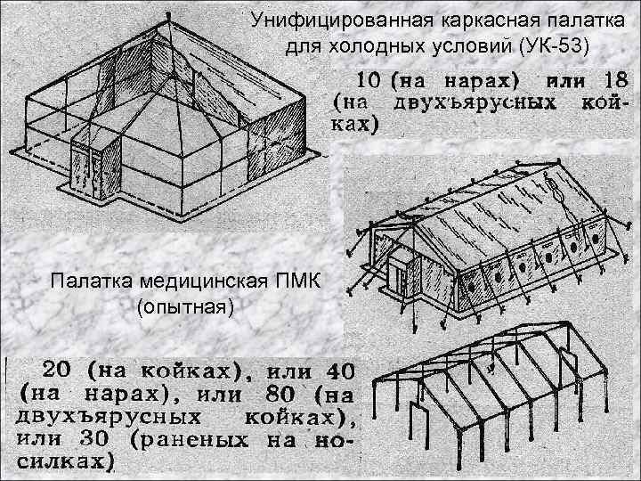 Унифицированная каркасная палатка для холодных условий (УК-53) Палатка медицинская ПМК (опытная) 