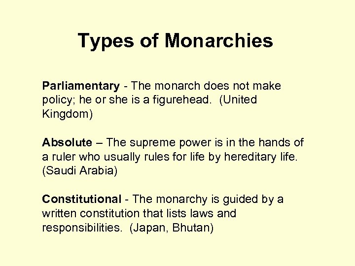 Types of Monarchies Parliamentary - The monarch does not make policy; he or she