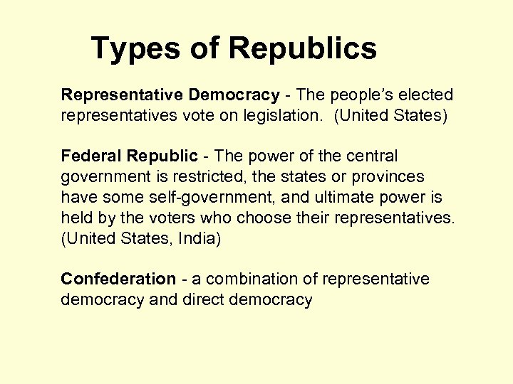 Types of Republics Representative Democracy - The people’s elected representatives vote on legislation. (United