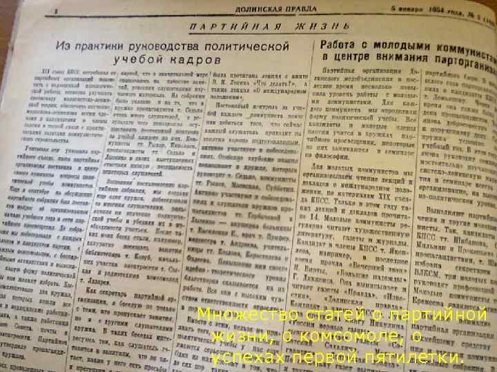 Множество статей о партийной жизни, о комсомоле, о успехах первой пятилетки. 