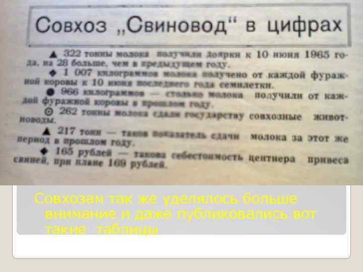 Совхозам так же уделялось больше внимание и даже публиковались вот такие таблицы 